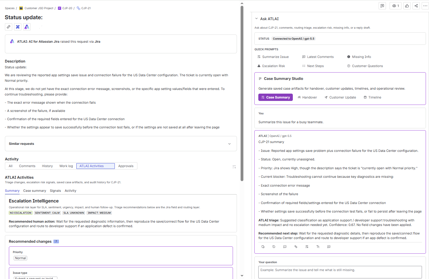 Jira issue showing Ask ATLAI conversation beside ATLAI Activities with escalation intelligence and recommended changes.