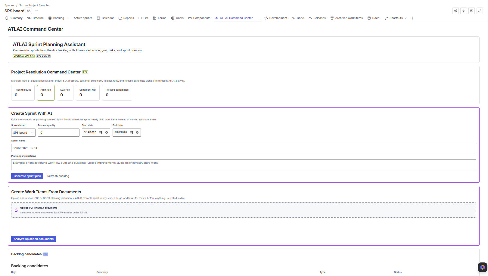 ATLAI Command Center project page showing Sprint Planning Assistant, Project Resolution Command Center, Create Sprint With AI, Create Work Items From Documents, and backlog candidates.