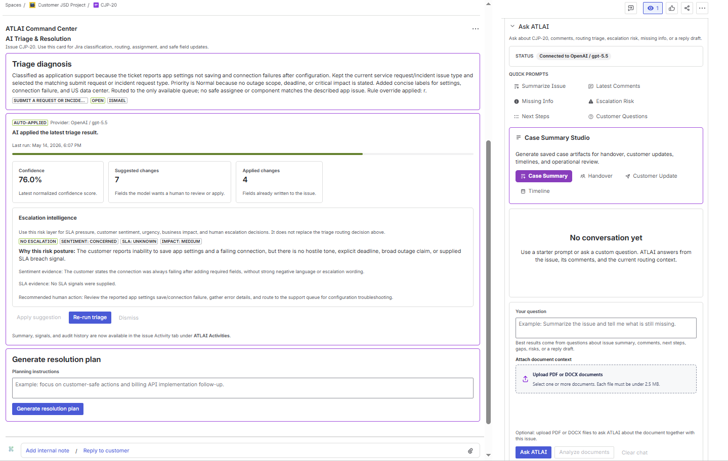 Jira issue view showing ATLAI Command Center with AI Triage and Resolution beside Ask ATLAI.