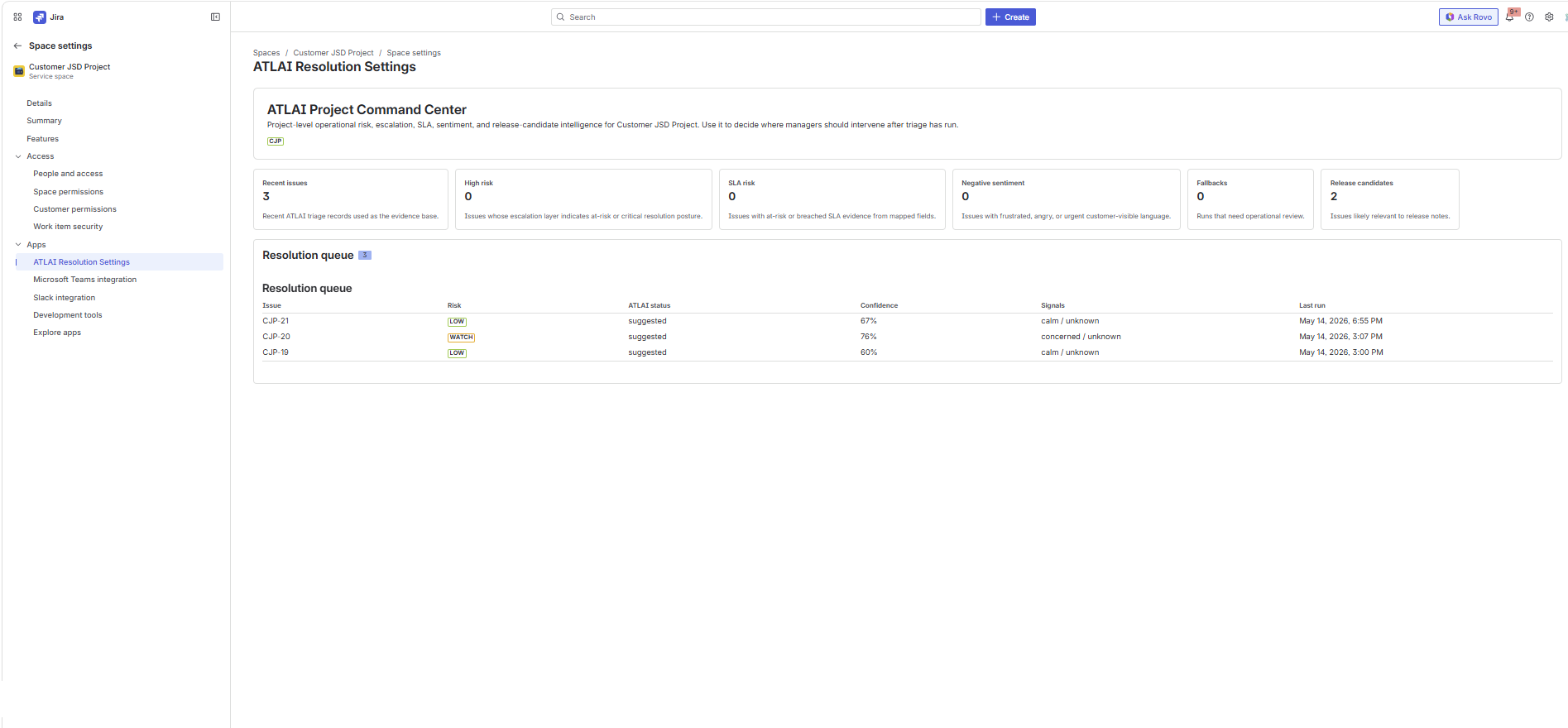Project settings ATLAI Resolution Settings page showing project command center metrics and resolution queue.