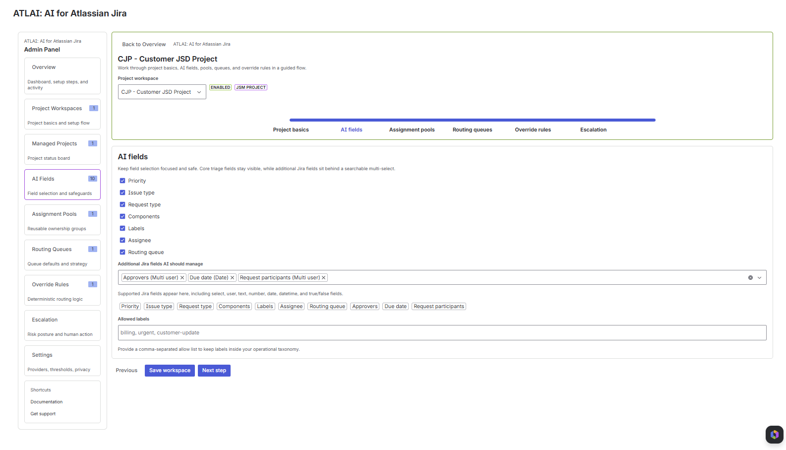 AI Fields screen showing selected core fields, additional Jira fields, selected chips, and allowed labels.