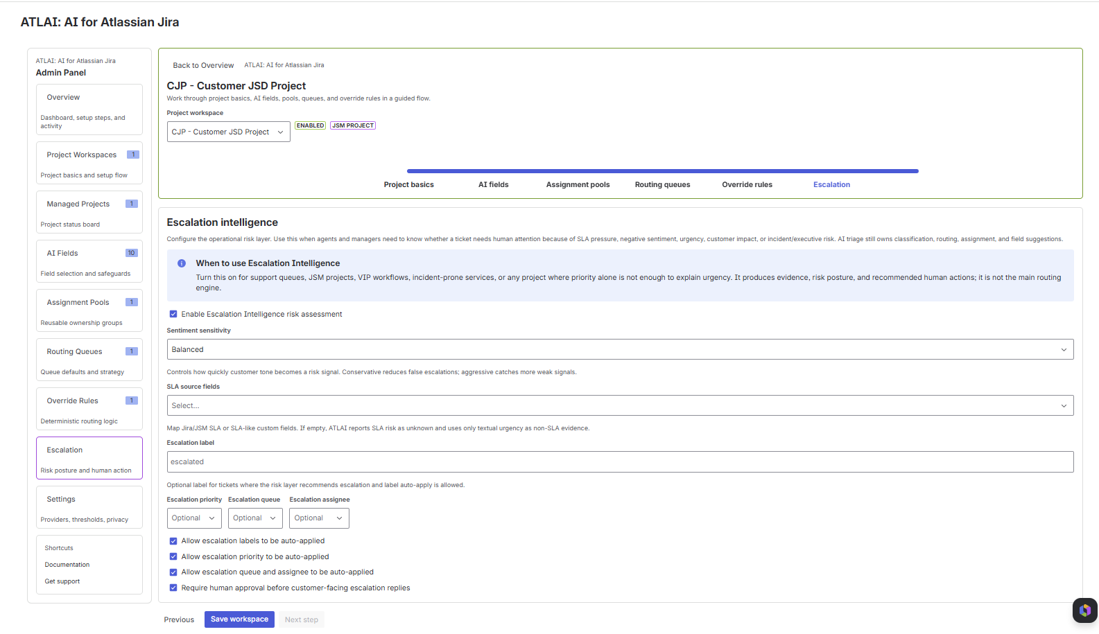 Escalation Intelligence settings showing sentiment sensitivity, SLA source fields, escalation label, priority, queue, assignee, and auto-apply checkboxes.