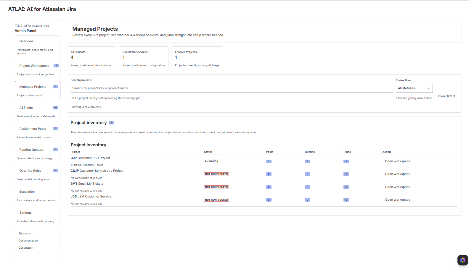 Managed Projects screen showing project counts, search, status filter, project inventory, and open workspace actions.