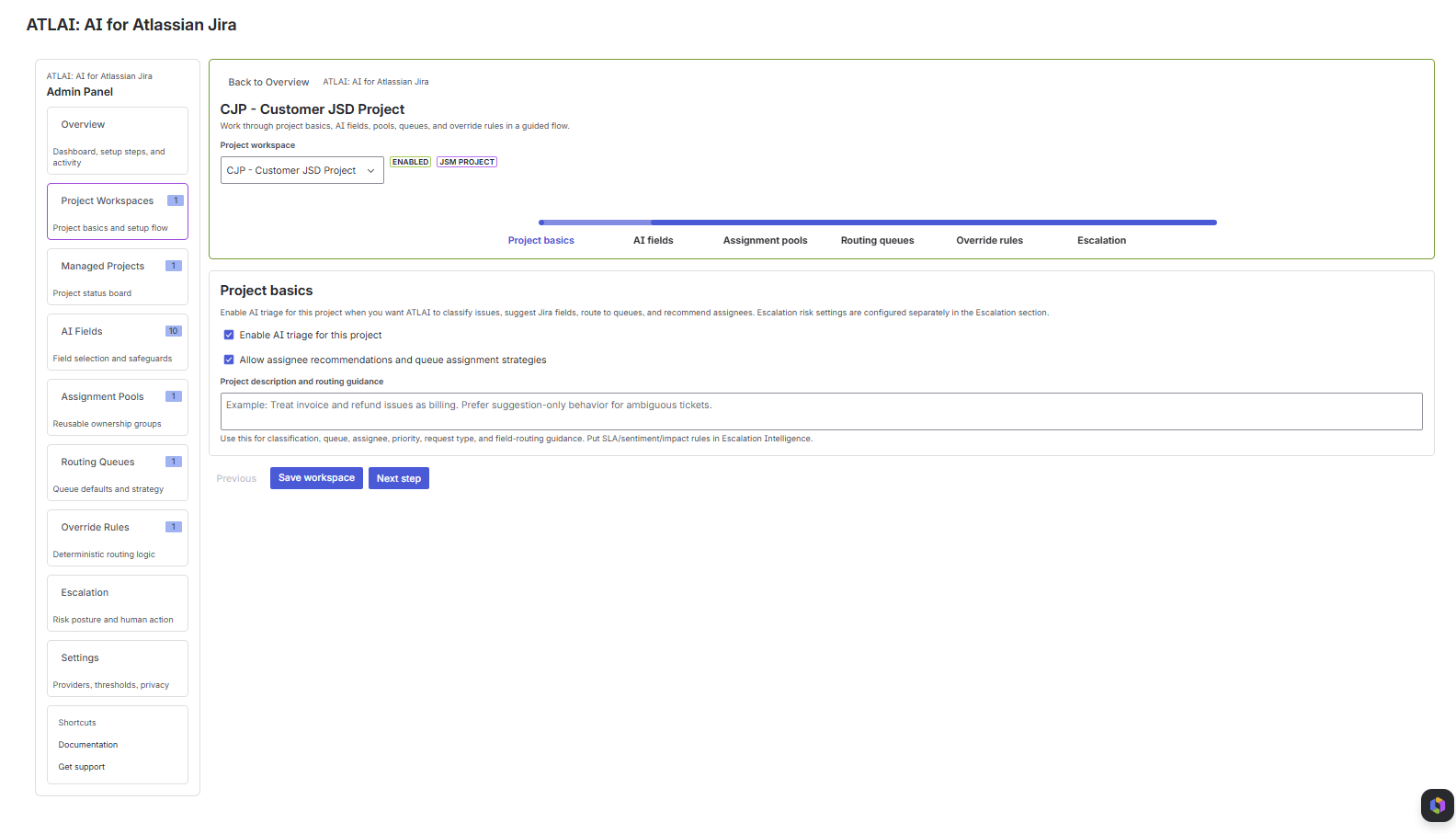 Project Workspaces project basics screen showing enable AI triage, allow assignee recommendations, and routing guidance fields.