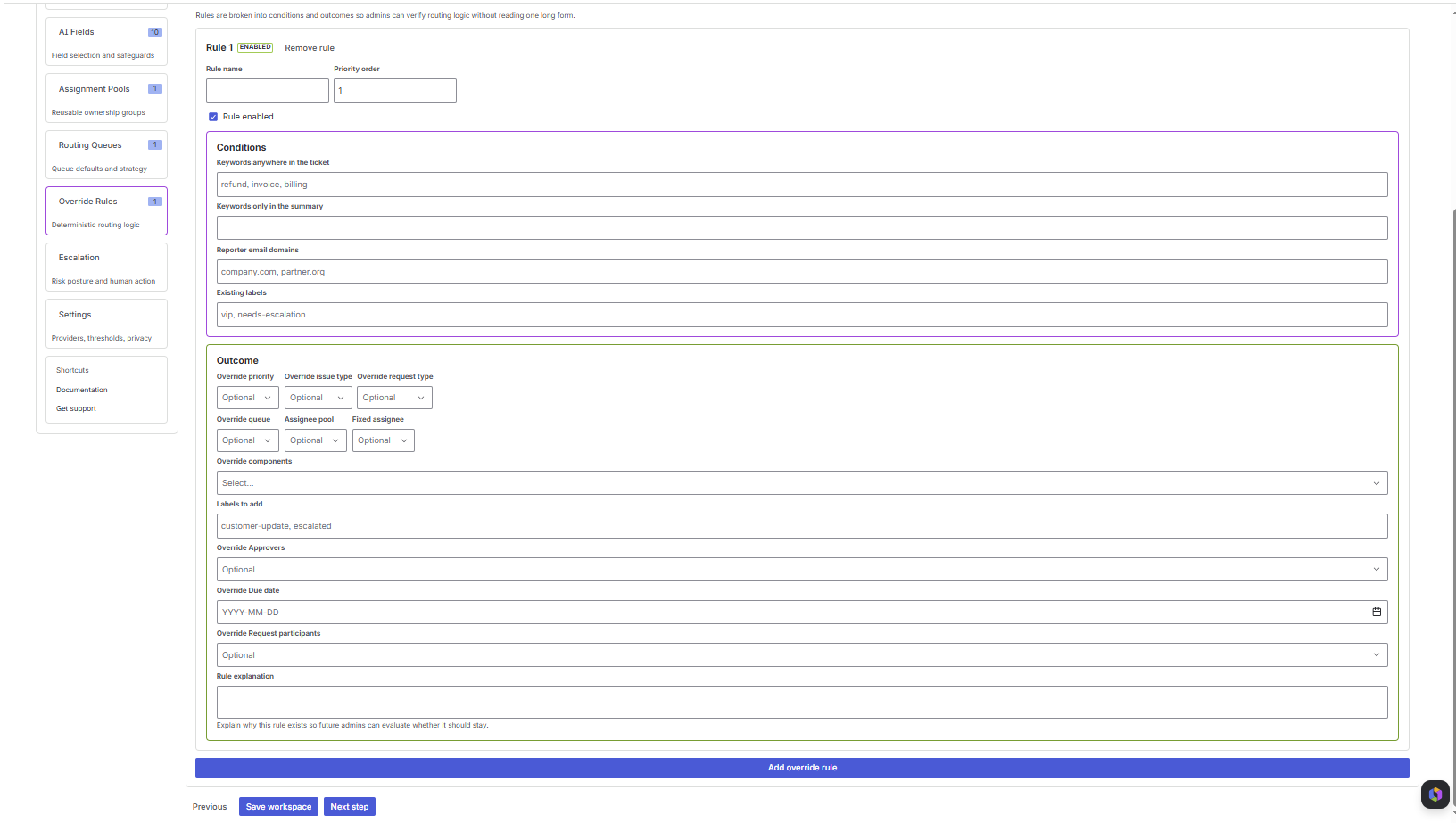 Override Rules screen showing rule conditions for keywords, reporter domains, existing labels, and outcomes for priority, issue type, request type, queue, assignee, labels, and additional fields.