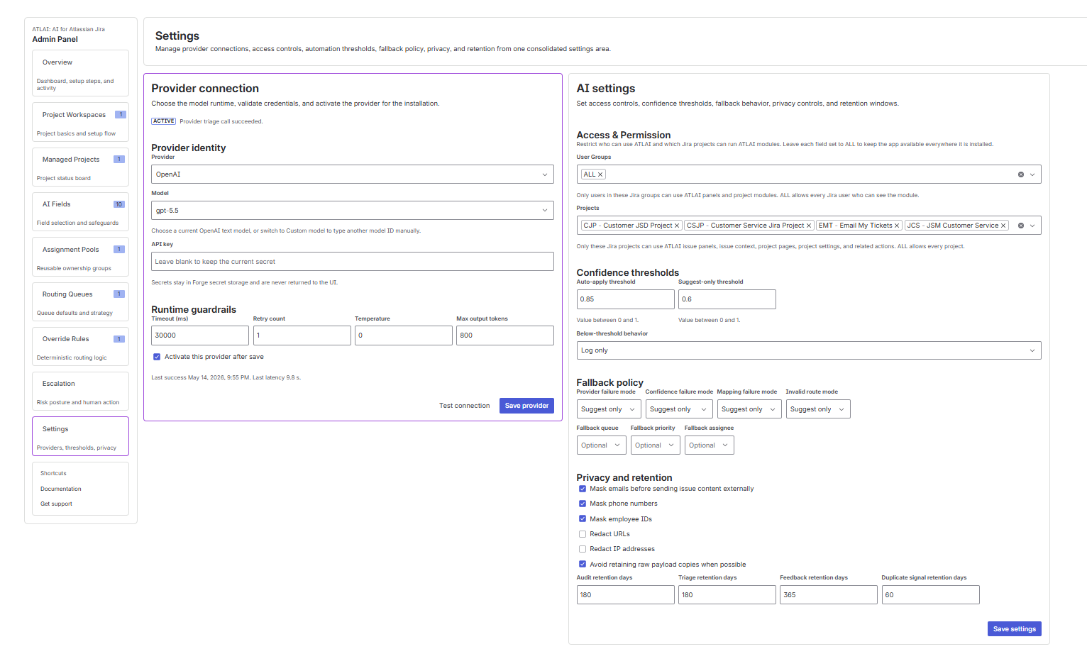 ATLAI Settings page showing provider connection, access permissions, confidence thresholds, fallback policy, privacy, and retention.