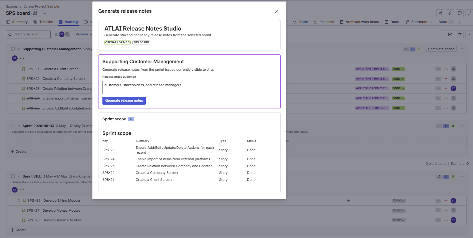 ATLAI Release Notes Studio before generation showing sprint scope and release notes audience field.