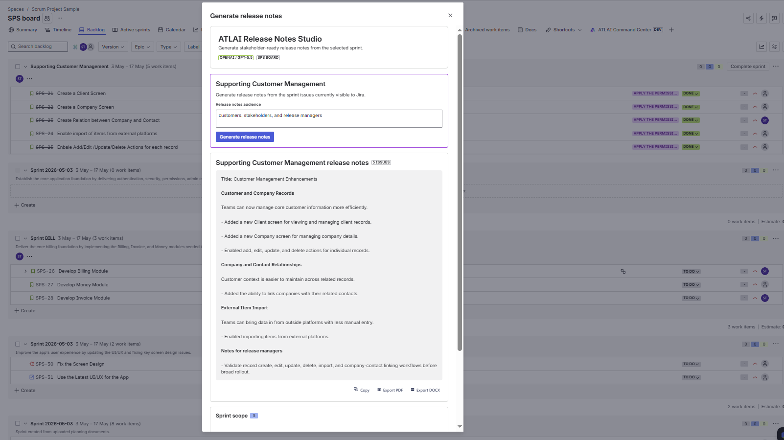ATLAI Release Notes Studio after generation showing stakeholder-ready release notes and export actions.