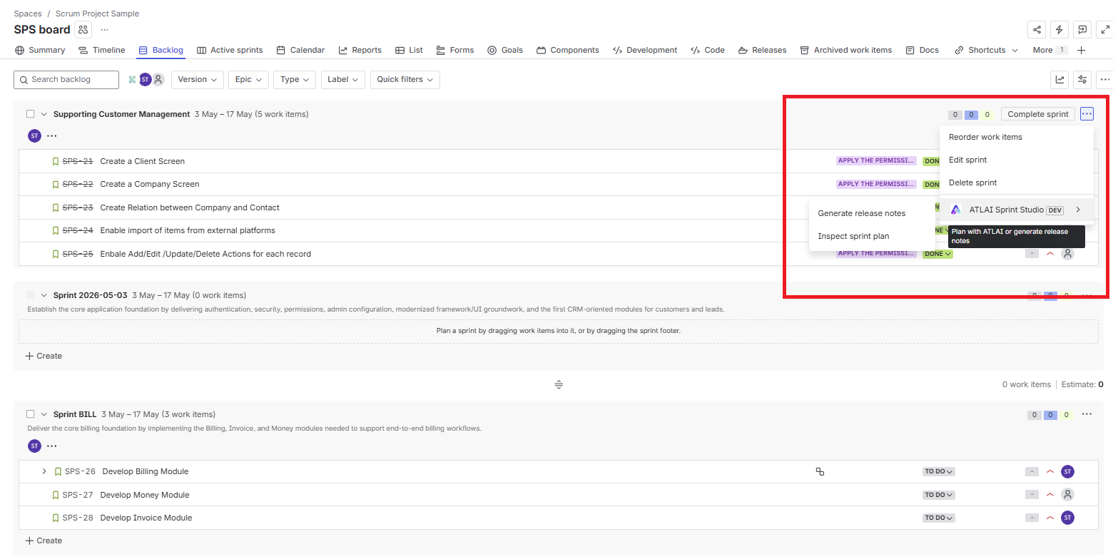 Jira sprint action menu showing ATLAI Sprint Studio with Generate release notes and Inspect sprint plan actions.