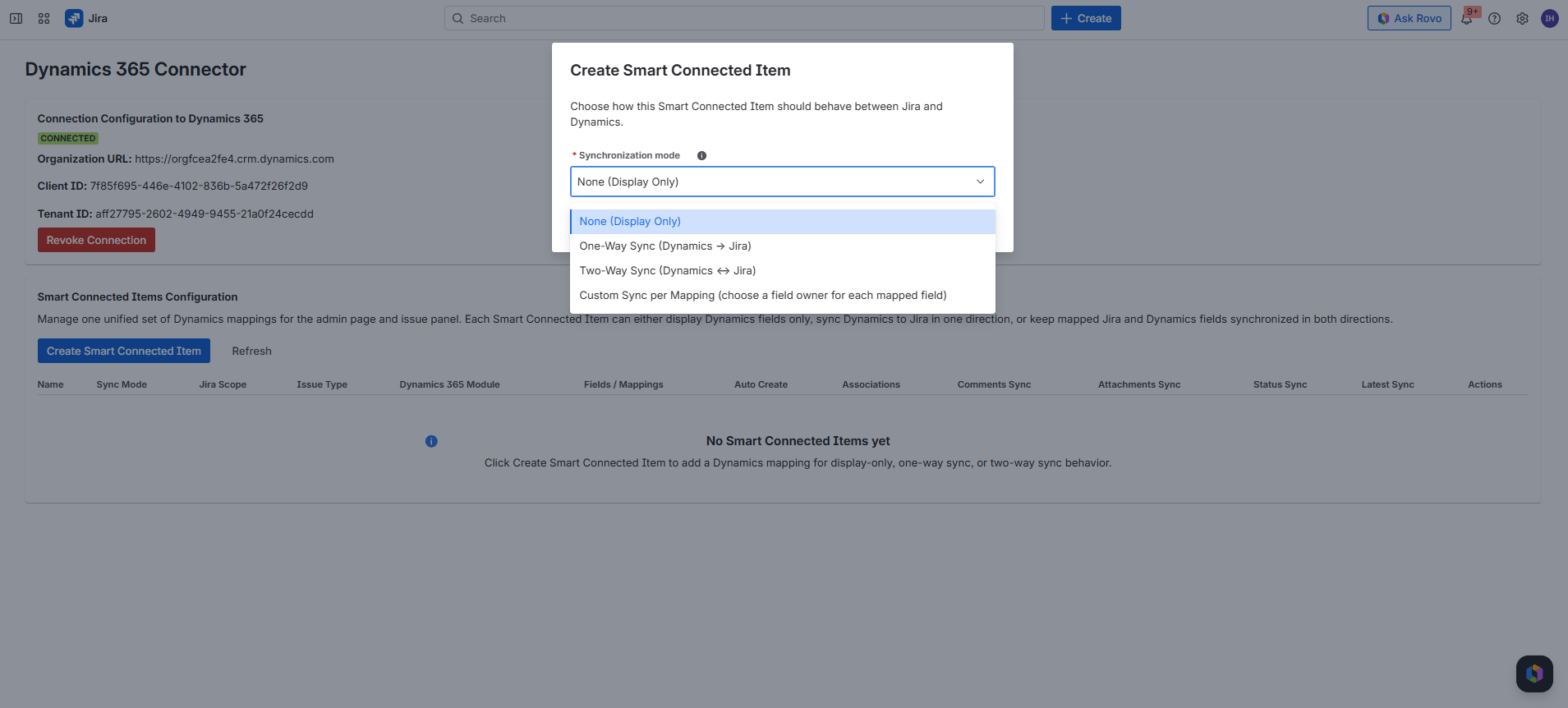 Real Jira admin screenshot showing the Smart Connected Items Configuration table with display, one-way, two-way, and custom mapping sync modes.