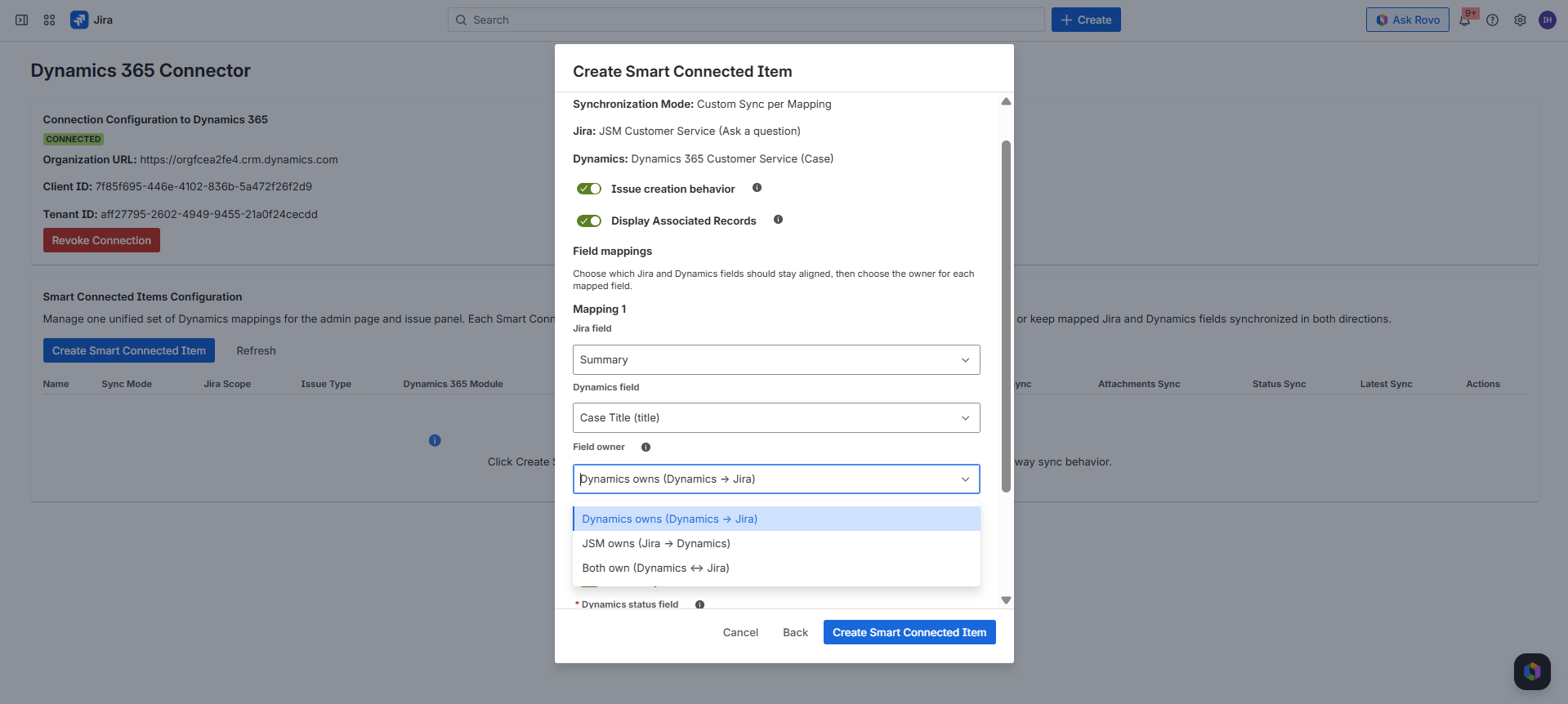 Real Jira admin screenshot showing Smart Connected Item modal step 2 with custom field ownership, status synchronization, Conditional Sync Rules, comments synchronization, and attachments synchronization.