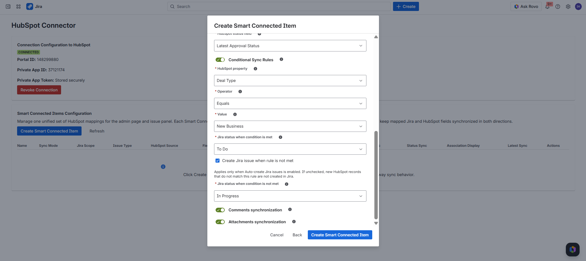 Create Smart Connected Item dialog showing Conditional Sync Rules, HubSpot property, operator, value, Jira status when condition is met, and Create Jira issue when rule is not met checkbox.