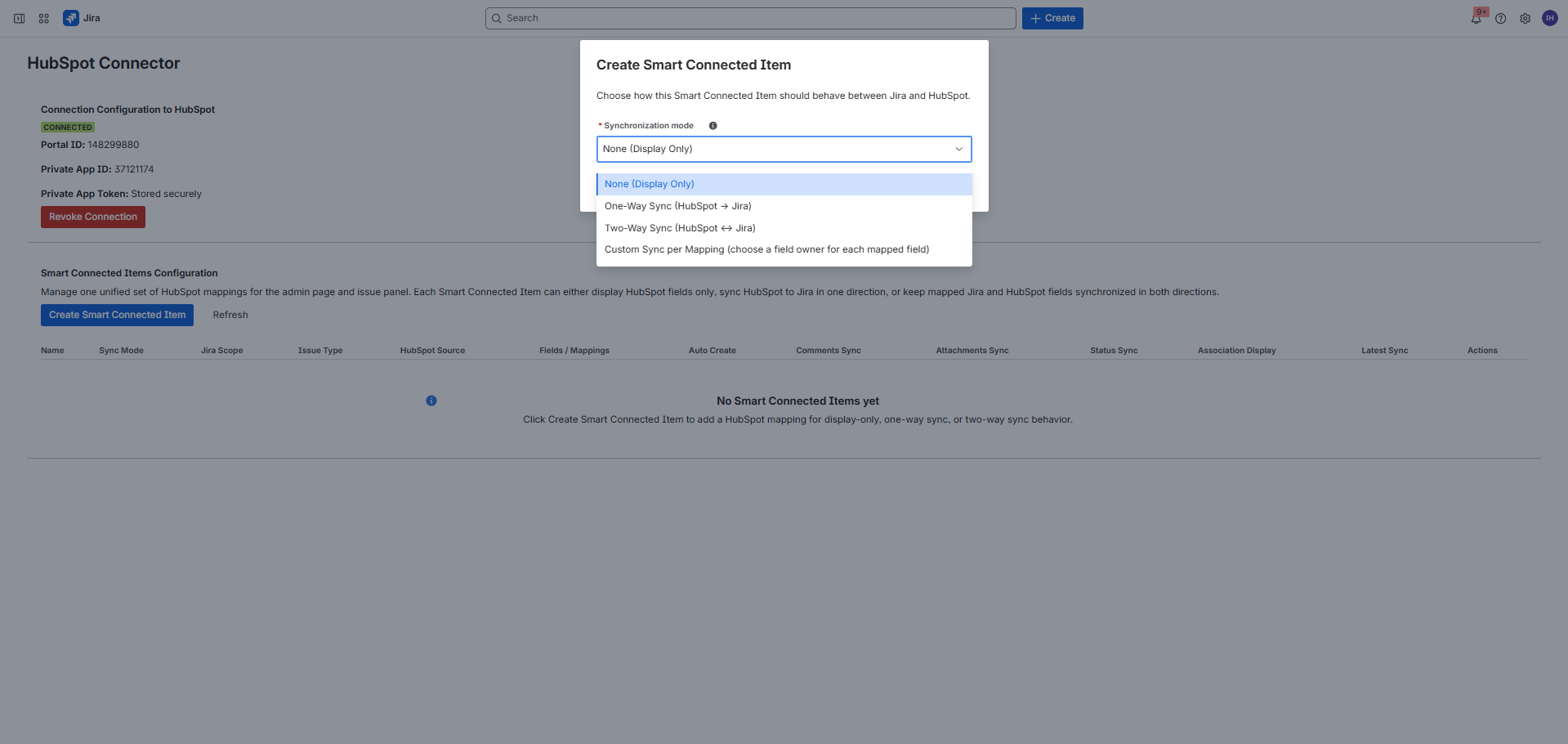 Create Smart Connected Item dialog showing synchronization mode options for display-only, one-way sync, two-way sync, and custom sync per mapping.