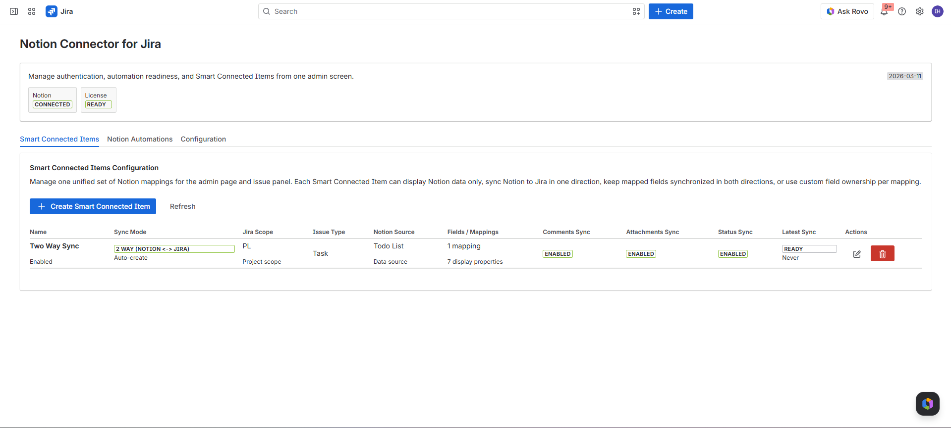 Jira admin dashboard showing the Notion connection status, license status, Smart Connected Items table, and latest sync state.