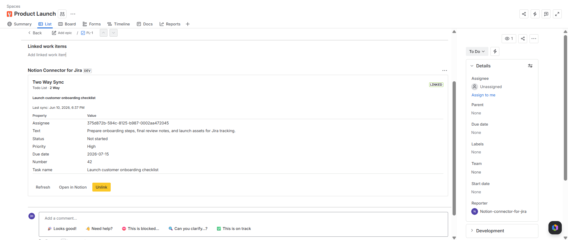 Jira issue panel showing a linked Notion page title, preview properties, last sync time, refresh, Open in Notion, and unlink controls.