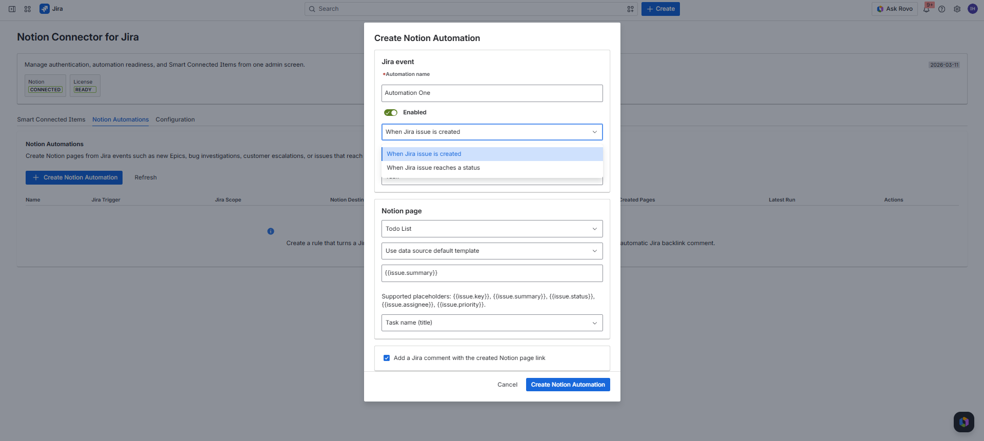 Create Notion Automation modal showing Jira event selection, Jira scope, status trigger, Notion data source, template selection, title template, title property, and Jira backlink option.