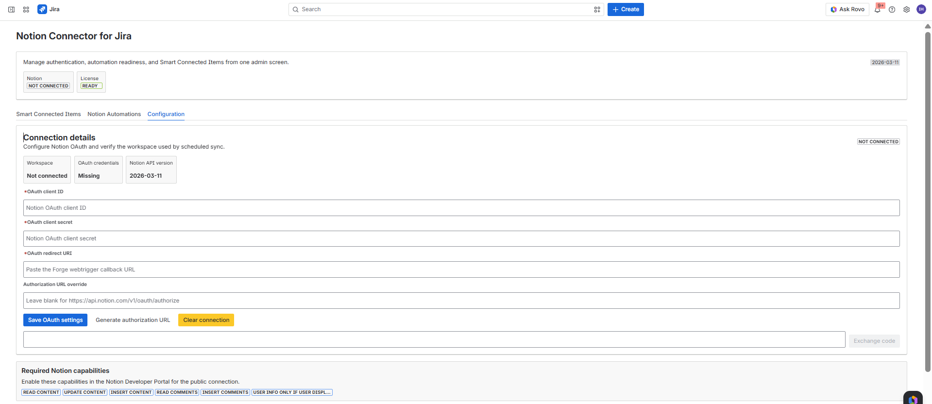 Jira admin Configuration tab showing Notion workspace status, OAuth credentials, Notion API version, and authorization controls.