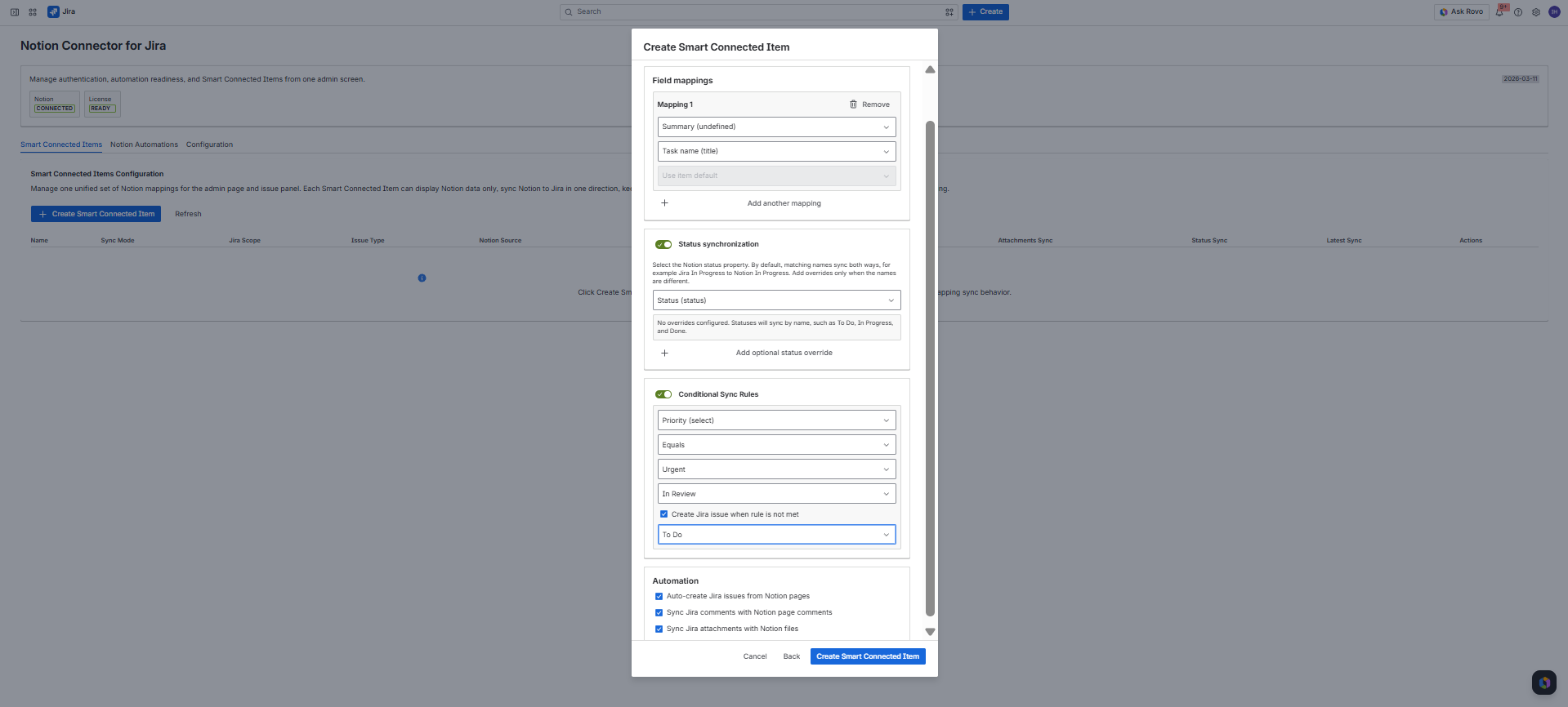 Create Smart Connected Item modal step two showing field mappings, field owner controls, status sync, conditional sync, auto-create, comment sync, and attachment sync.