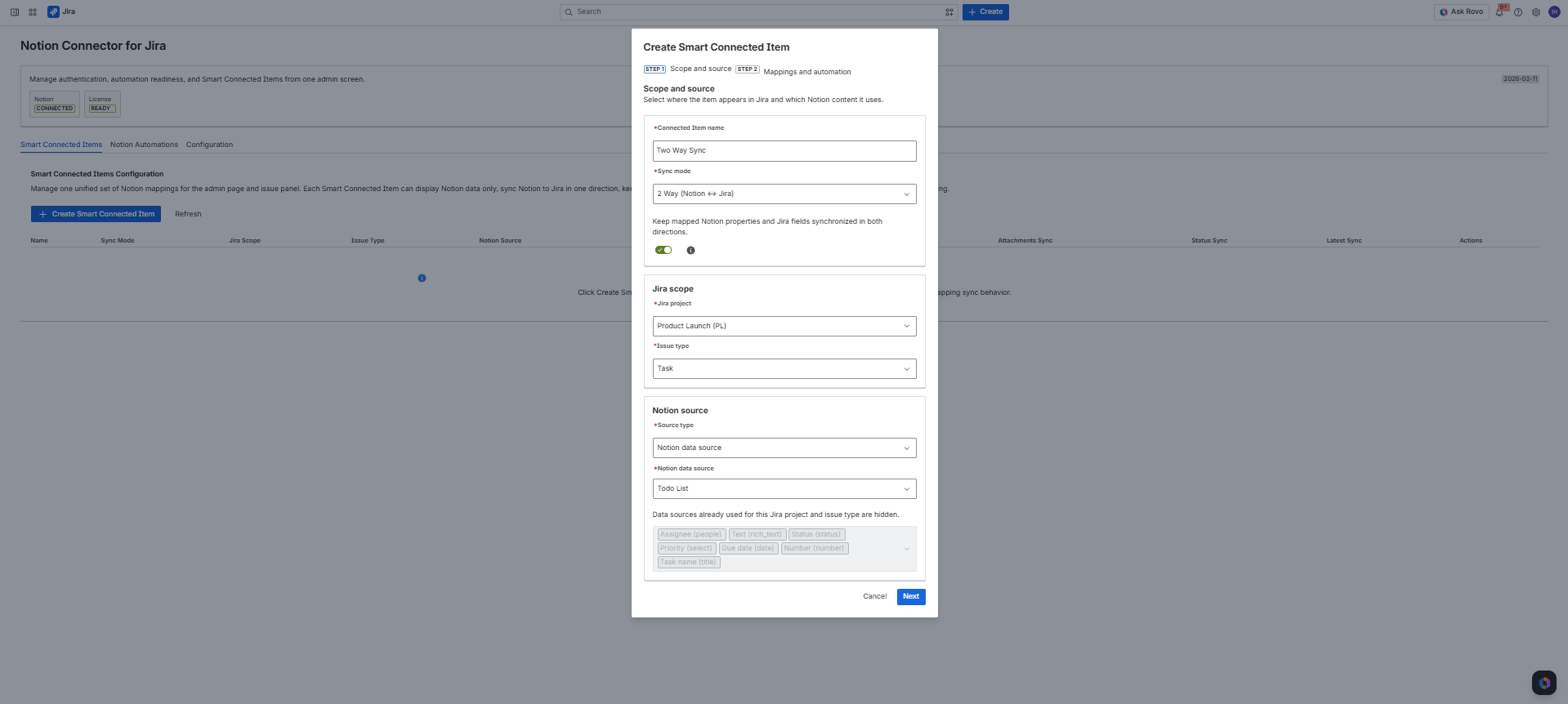 Create Smart Connected Item modal step one showing name, sync mode, enabled toggle, Jira scope, Notion source, and display properties.