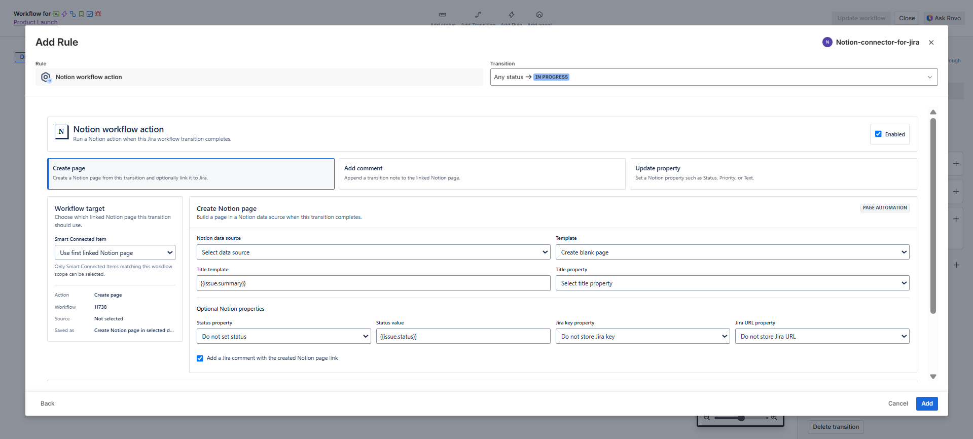 Notion workflow action configuration screen showing the action selector, Notion target fields, placeholder tokens, and enabled state.