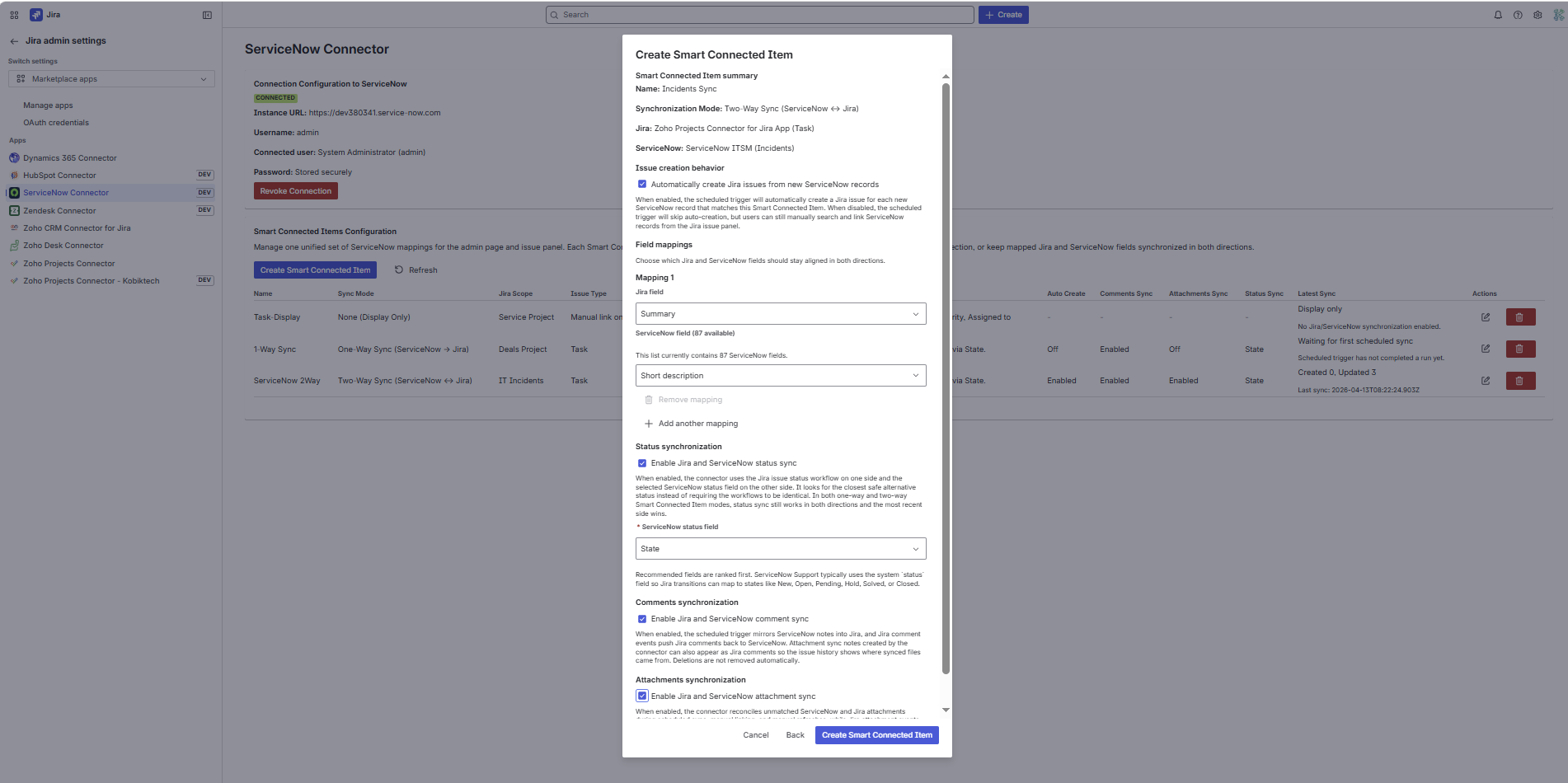Create Smart Connected Item step 2 showing issue creation behavior, field mappings, status synchronization, comments synchronization, and attachments synchronization.
