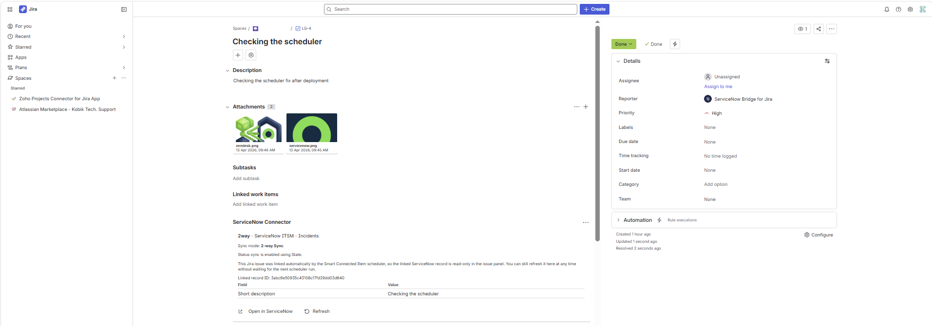 Jira issue view showing the ServiceNow Bridge panel after linking, with mapped values plus Open in ServiceNow and Refresh actions.