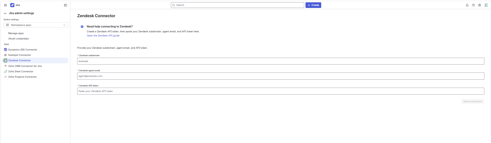 Zendesk Connector Jira admin page before connection, showing the subdomain, agent email, and API token fields.