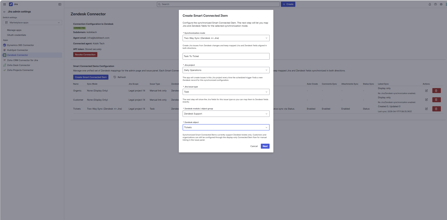 Create Smart Connected Item modal showing sync mode, Jira project, issue type, module, and Zendesk object selection.