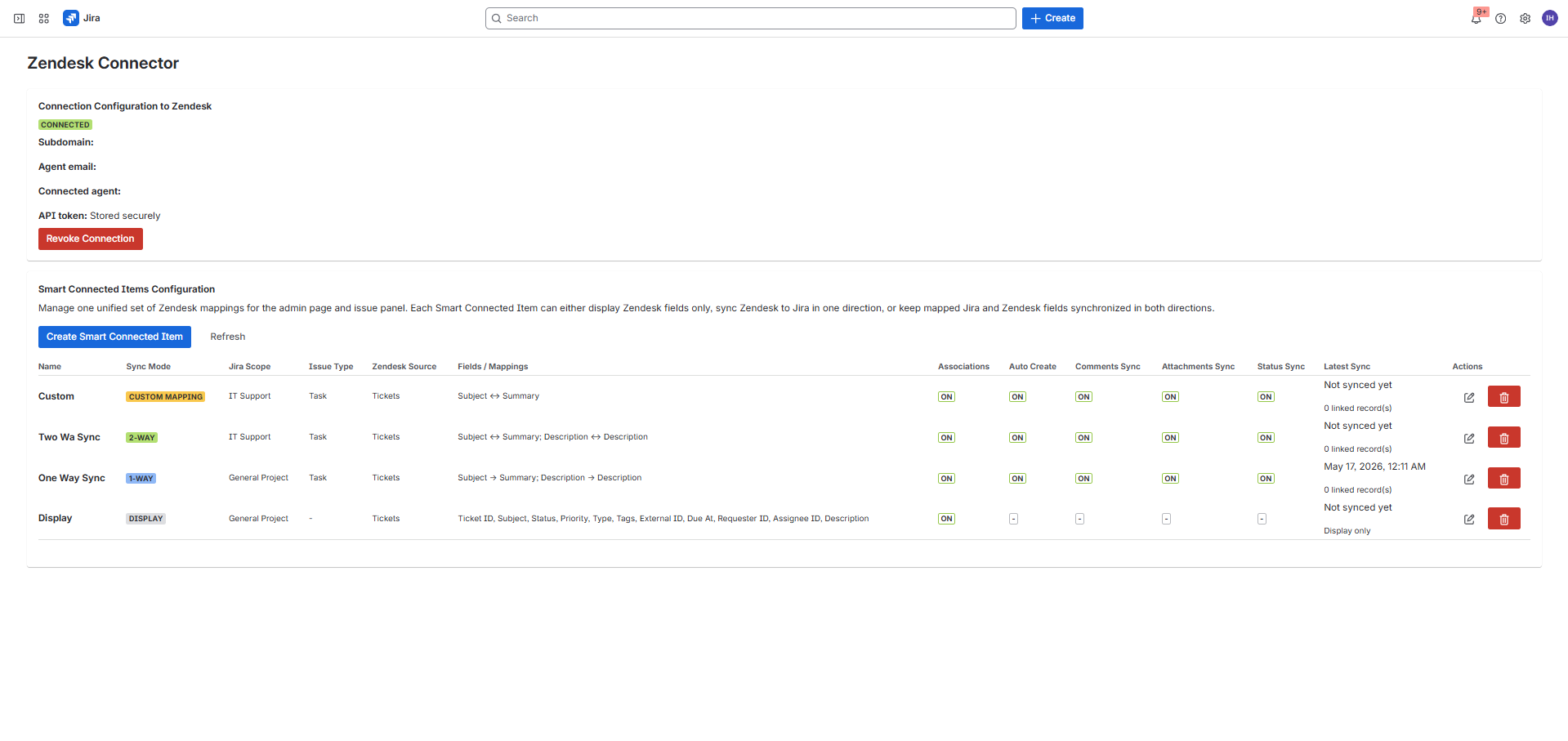 Zendesk Connector Jira admin page after connection, showing Smart Connected Items with display, one-way, two-way, and custom mapping sync modes.