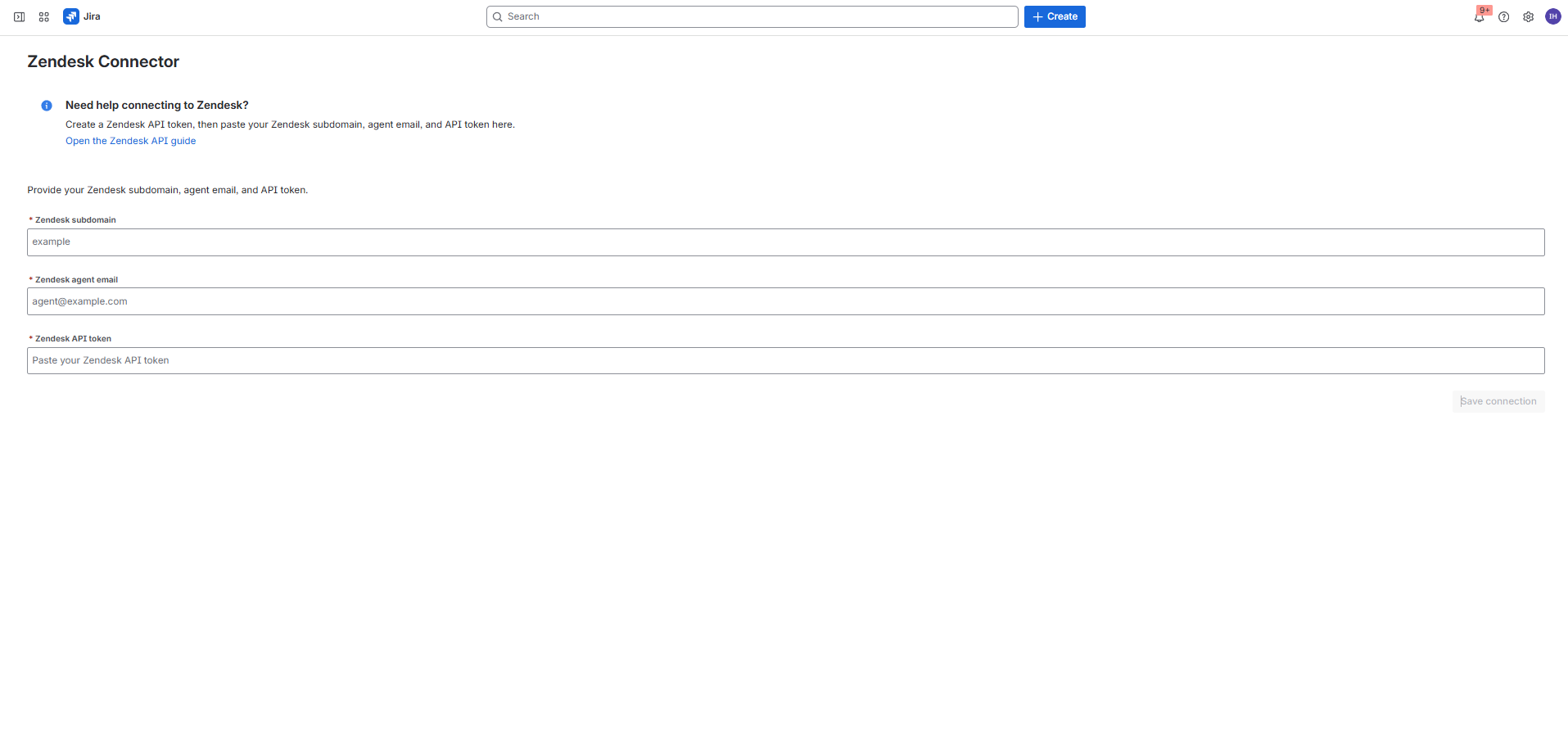 Zendesk Connector Jira admin page before connection, showing the subdomain, agent email, and API token fields.