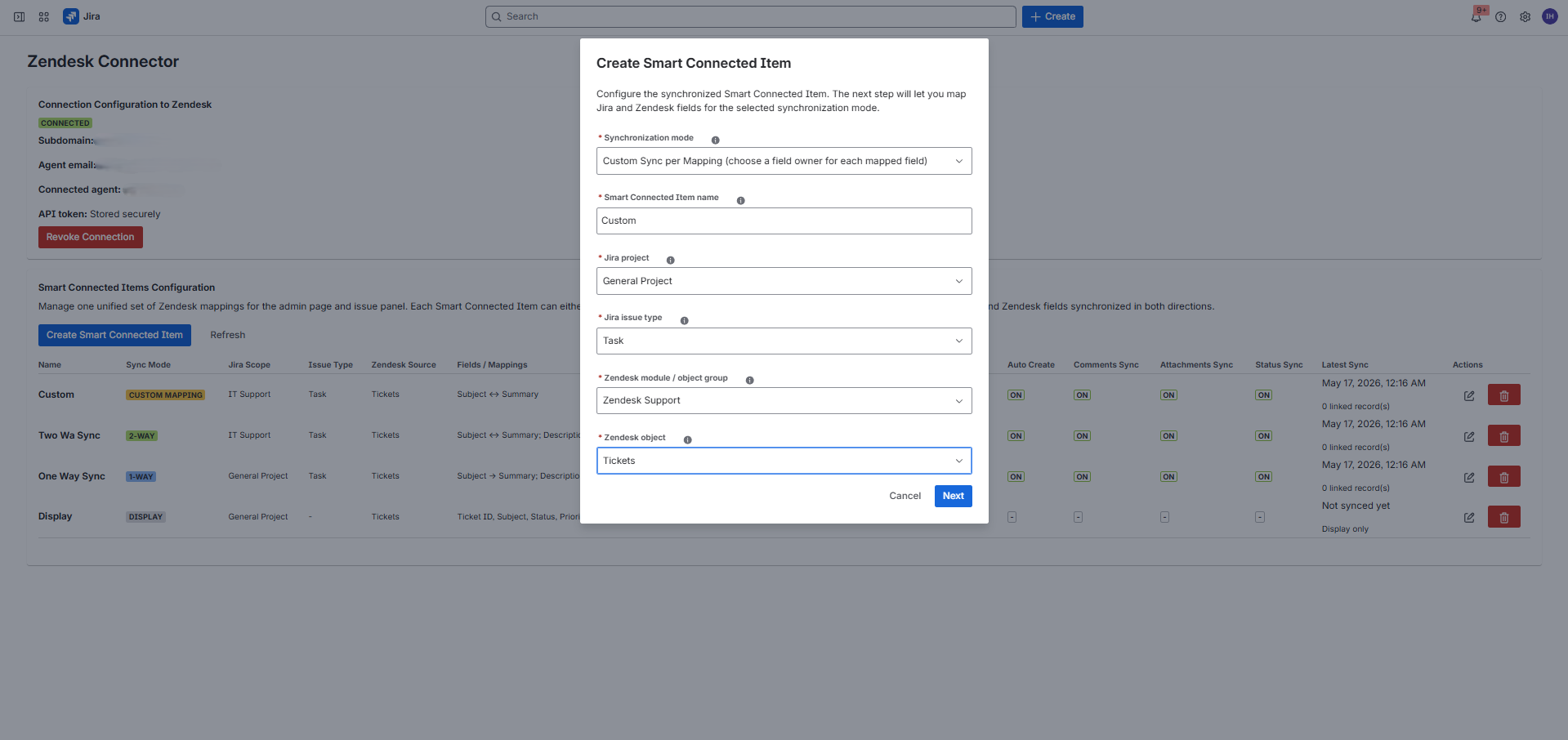 Create Smart Connected Item modal showing sync mode, Jira project, issue type, module, and Zendesk object selection.