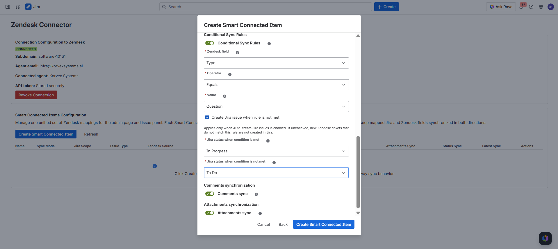 Create Smart Connected Item modal showing Conditional Sync Rules with the Create Jira issue when rule is not met checkbox.