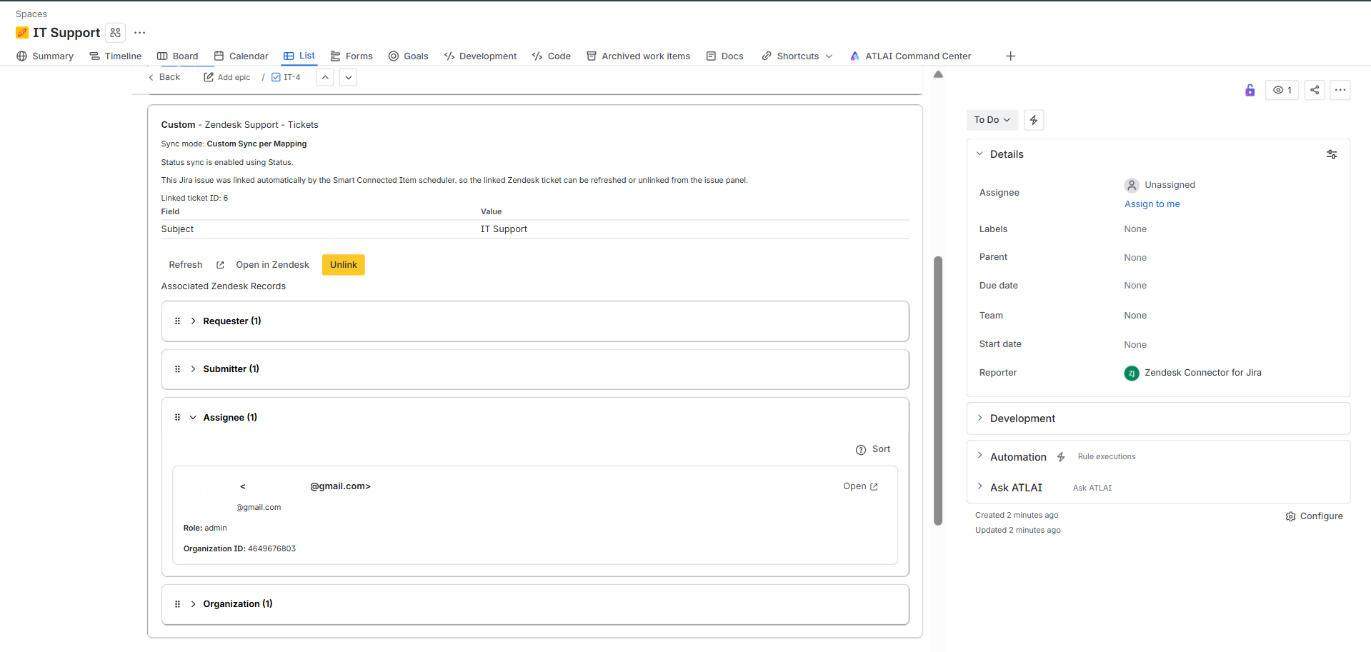Jira issue panel showing a linked Zendesk ticket with requester, submitter, assignee, and organization associated record groups.
