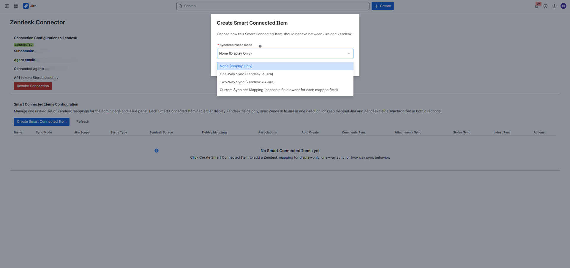 Create Smart Connected Item modal showing synchronization mode choices including Custom Sync per Mapping.