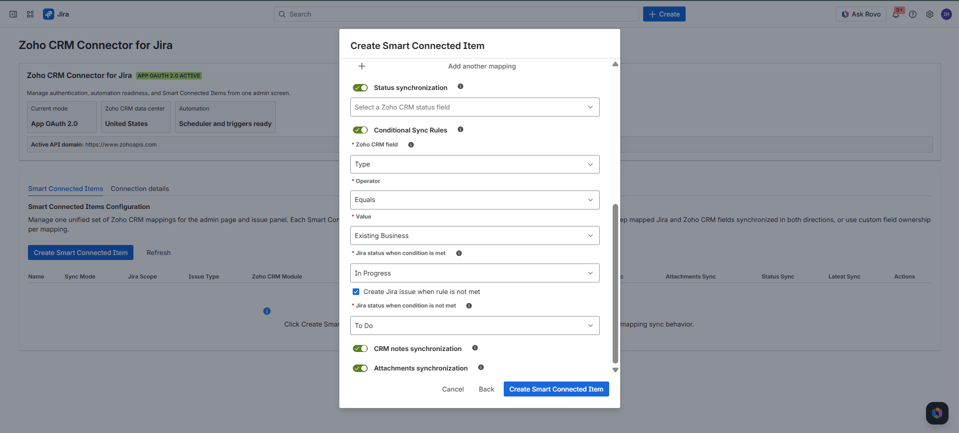 Create Smart Connected Item conditional sync rule configuration with the Create Jira Issue when condition is not met checkbox.