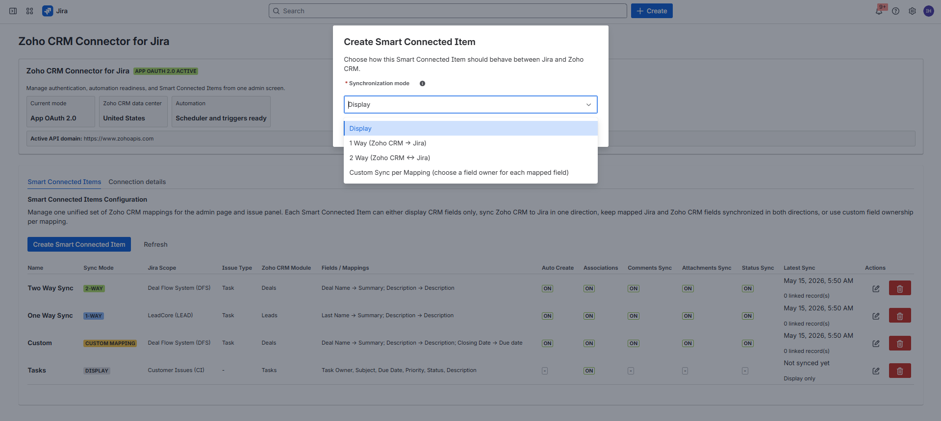 Create Smart Connected Item synchronization mode picker in the Zoho CRM admin page.