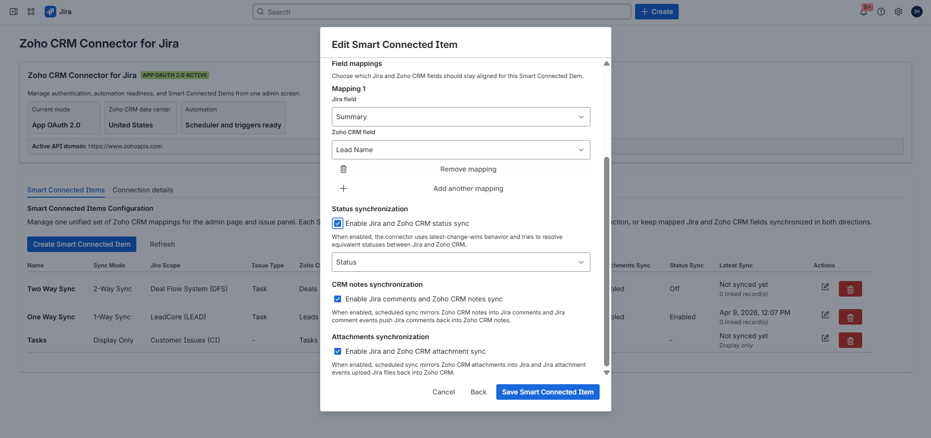 Create Smart Connected Item step 2 in the Zoho CRM admin page.