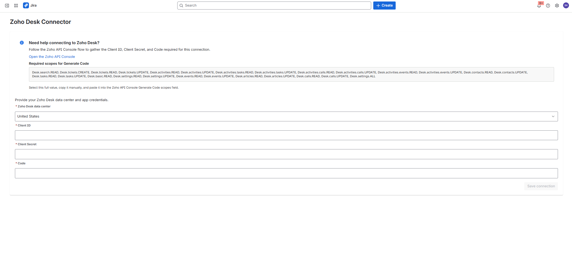 Disconnected Zoho Desk Connector admin page showing the data center, Client ID, Client Secret, and Code fields.