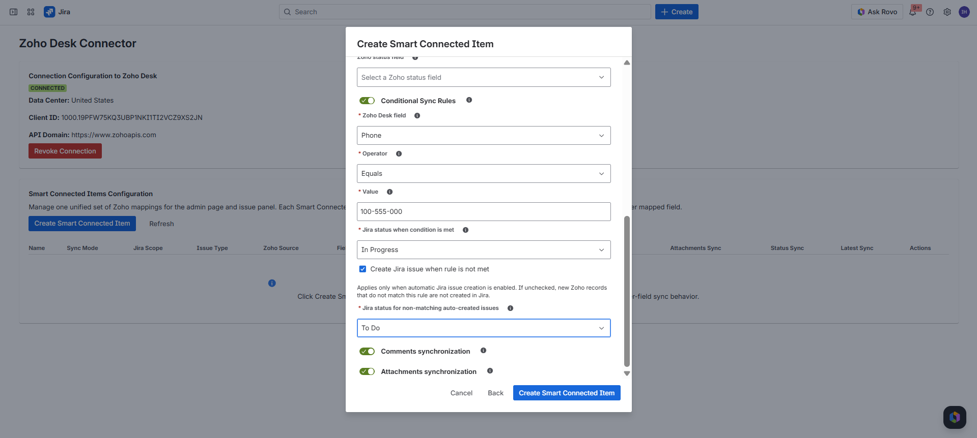 Create Smart Connected Item dialog showing Conditional Sync Rules with a checkbox to create Jira issues when the rule is not met.