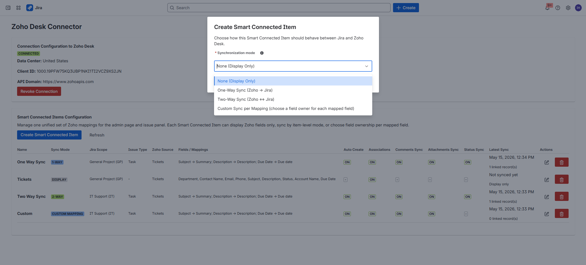 Create Smart Connected Item dialog showing synchronization mode options including Custom Sync per Mapping.