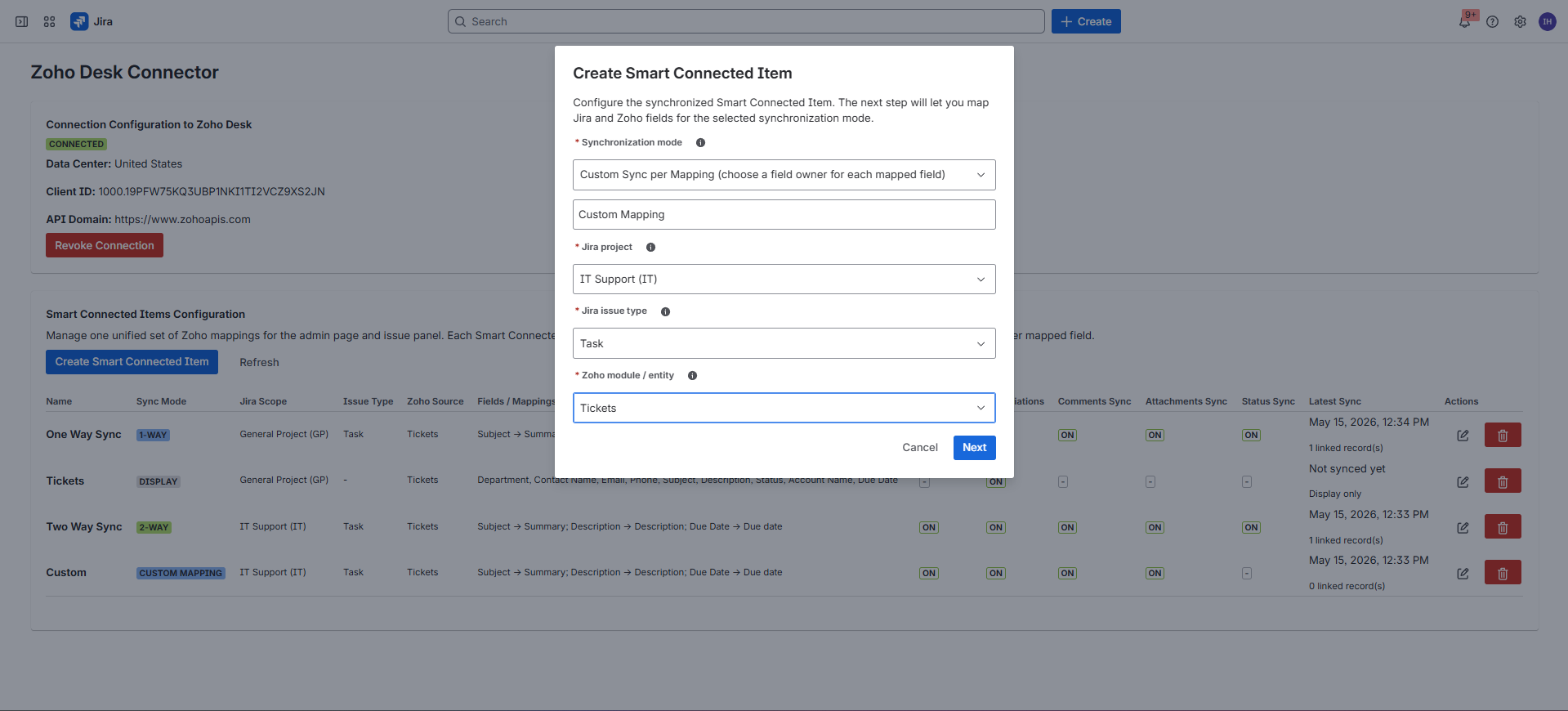 Create Smart Connected Item dialog step 1 with Custom Sync per Mapping, name, Jira project, issue type, and Zoho source selection.