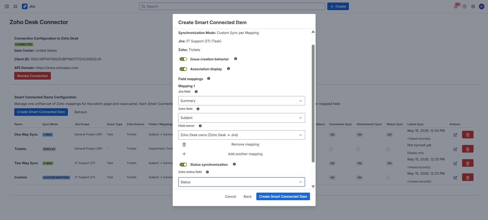 Create Smart Connected Item dialog step 2 with field owner selection, status sync, comments sync, and attachments sync.