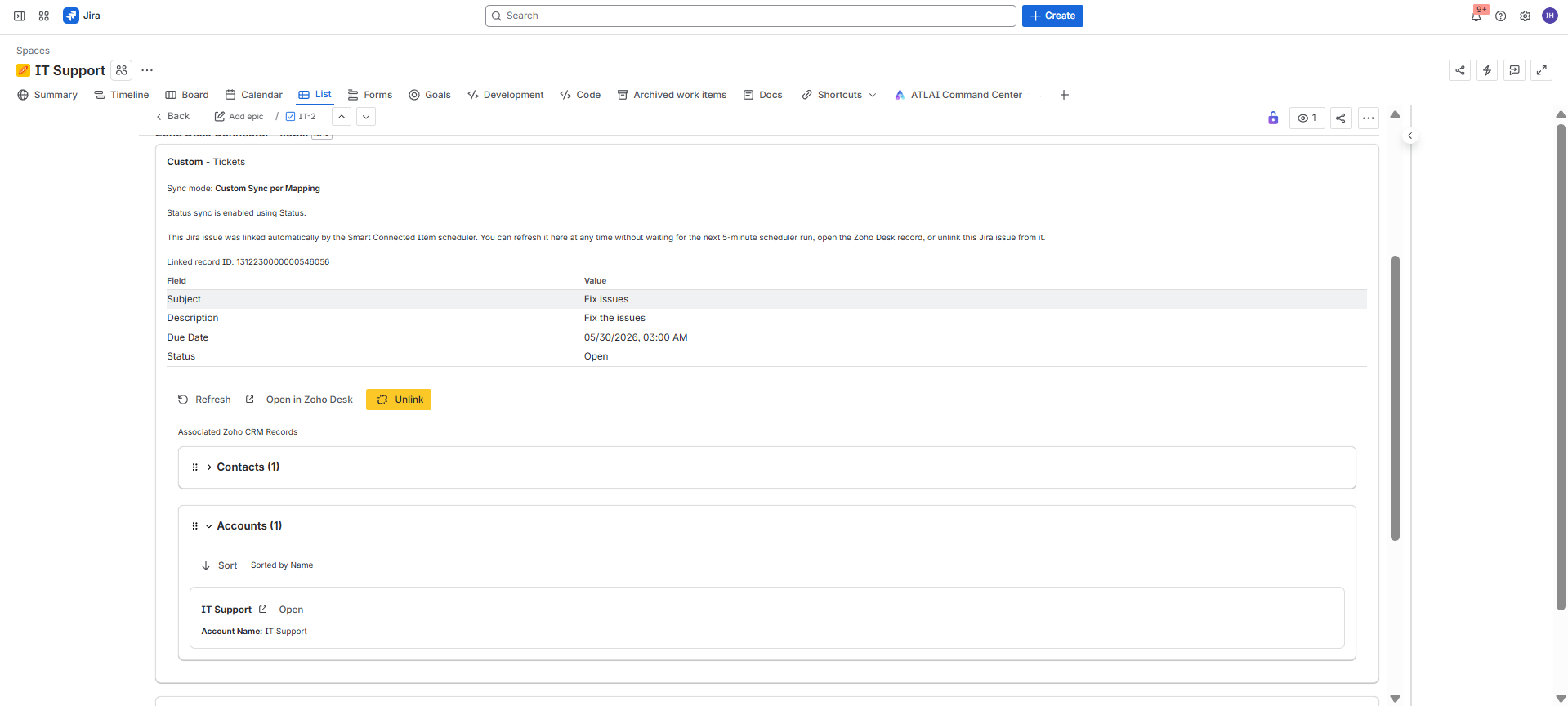 Jira issue view showing a linked Zoho record with associated Zoho CRM records in the issue panel.