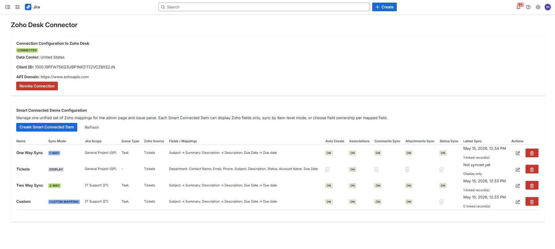 Connected Zoho Desk Connector admin page showing the Smart Connected Items grid with custom sync and association settings.
