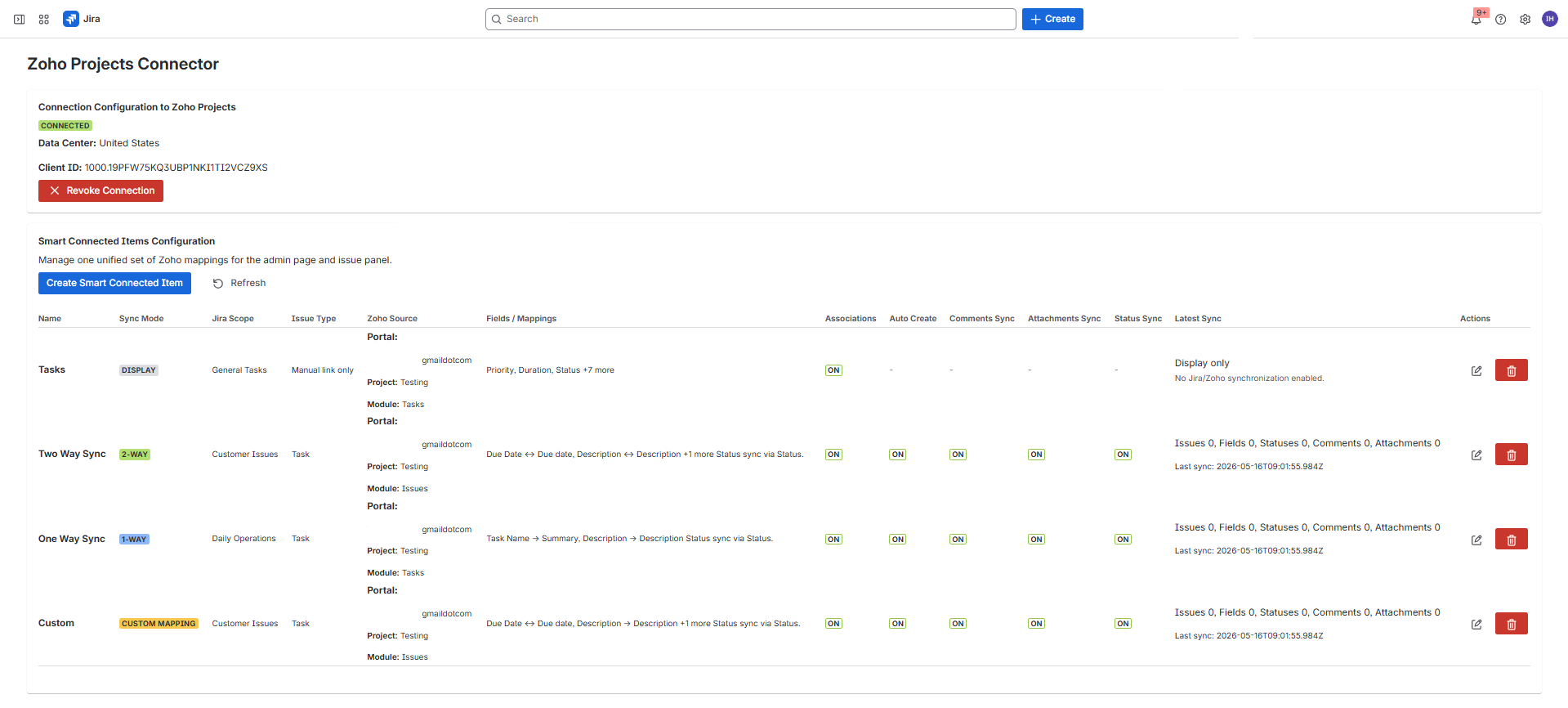 Connected Zoho Projects Connector admin page showing the connection summary and Smart Connected Items table.