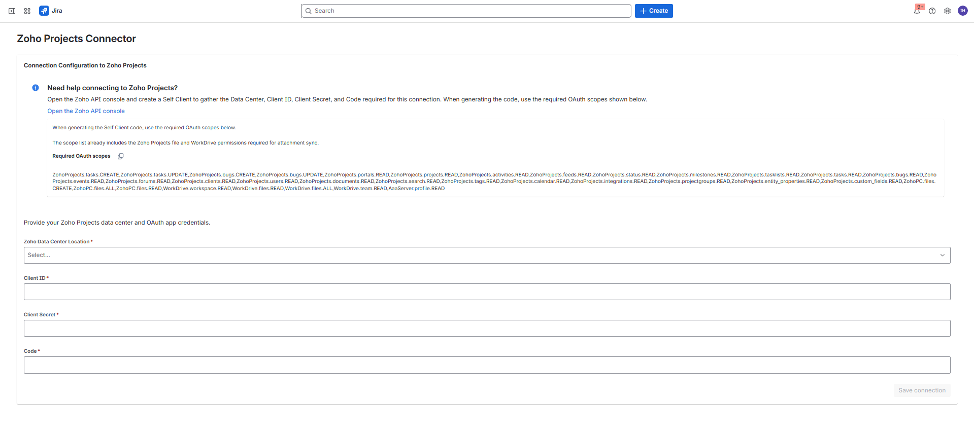 Zoho Projects Connector admin page showing the connection form, required scopes help card, and Save connection button.