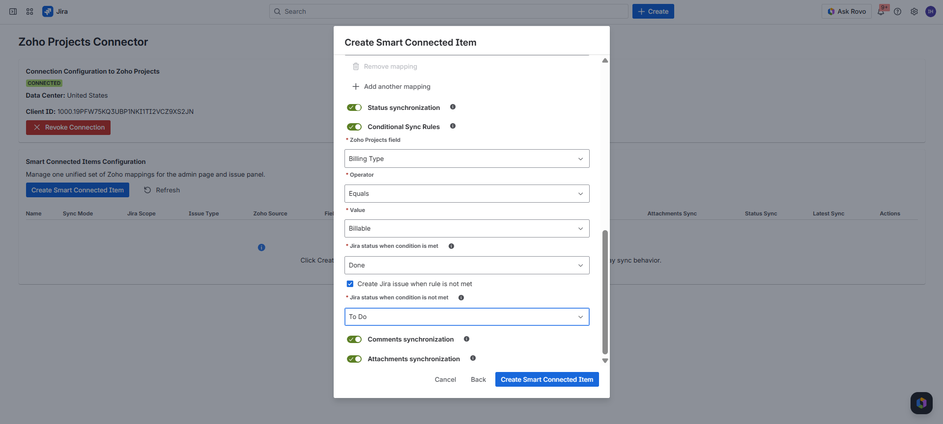 Create Smart Connected Item dialog showing Conditional Sync Rules with the Create Jira issue when rule is not met checkbox.