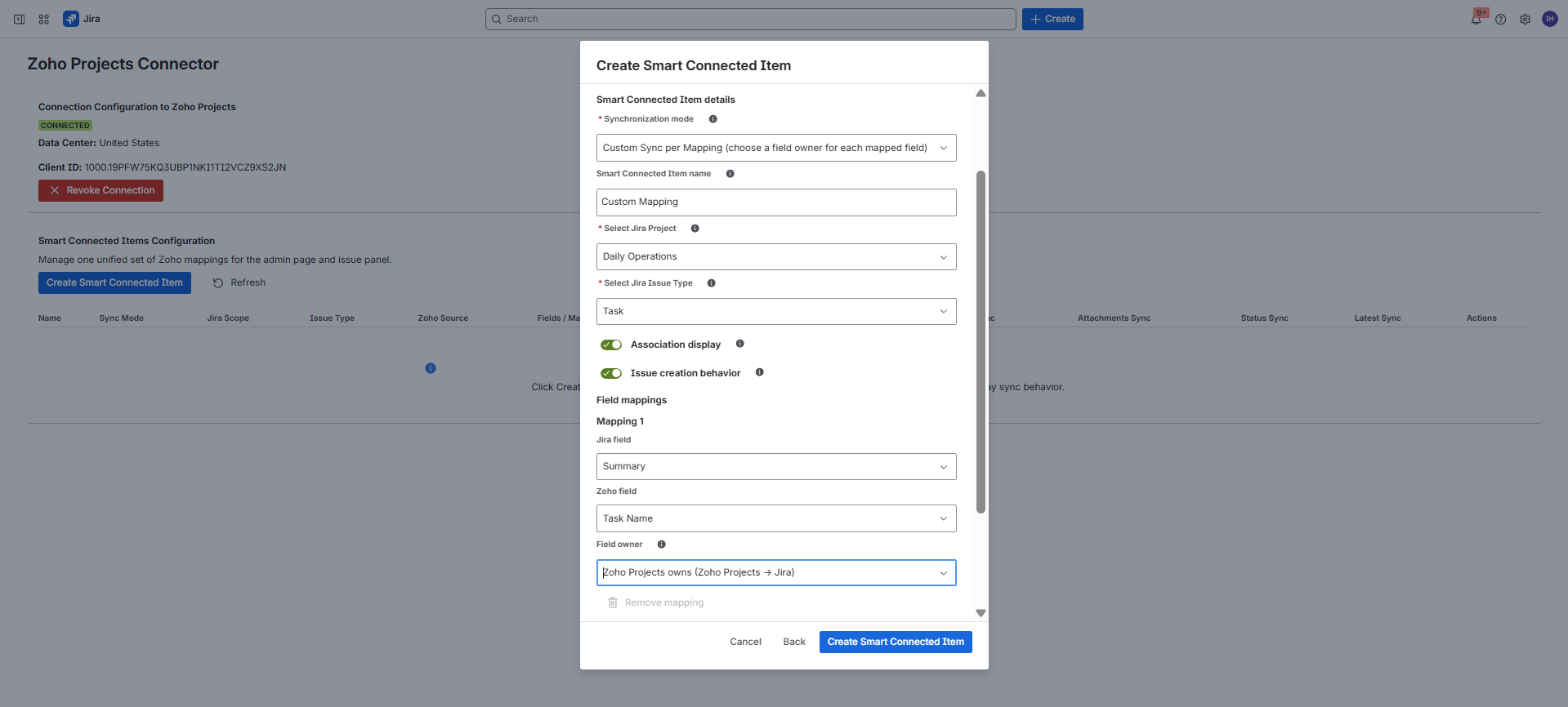 Create Smart Connected Item dialog showing Custom Sync per Mapping field owner selection for mapped Jira and Zoho fields.