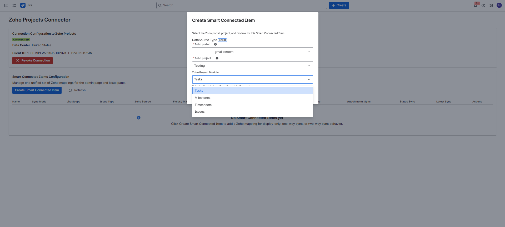 Create Smart Connected Item dialog showing synchronization mode choices including None, One-Way Sync, Two-Way Sync, and Custom Sync per Mapping.