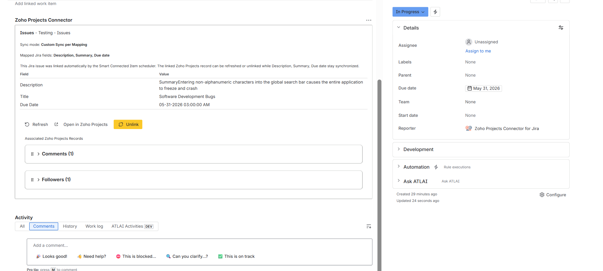 Jira issue view showing the Zoho Projects Connector panel linked to an issue with comments and followers association groups.